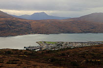 View looking down on  Ullapool harbour, West Coast, Scotland. April 2020.