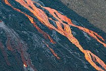 Lava flow below crater at edge of lava field, Fagradalsfjall Volcano, Iceland, Europe, 7 June 2021.