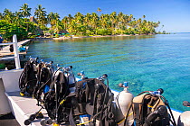 Scuba equipment on dive boat docked at Jean-Michel Cousteau Fiji Islands Resort, Vanua Levu, South Pacific, Fiji.