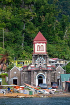 18th-century Roman Catholic Church of St Mark built of volcanic stone. Devastated by Hurricane Maria in 2017, the damage is still readily apparent today. Soufriere, Dominica, Caribbean Sea, Atlantic O...