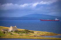 Tanker in Scapa Flow off Hoxa, South Ronaldsay, Orkney Isles, Scotland. October 2020.
