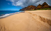 A sandy beach with rough waters and mountains in the background, Polihale State Park, Kauai, Hawaii. January 2021.