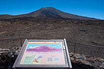 Information board at viewpoint overlooking Pico Viejo Volcano, Teide National Park, Tenerife, Canary Islands
