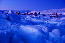 The Polar Inuit village of Moriussaq during polar night, Northwest Greenland.