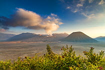 Smoke billowing from Mount Bromo volcano, Bromo Tengger Semeru National Park, Java, Indonesia , July, 2013. Filmed for BBC programme &#39;Wonders of the Monsoon&#39;.