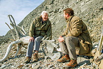 Sir David Attenborough with fossil hunter Chris Moore on location for BBC special &#39;Attenborough and the Sea Dragon&#39;, Lyme Regis, Dorset, UK, 2016