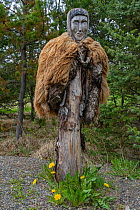 Shrine to legendary outlaws Eyvindur and Halla, wooden carving wearing a wool cape, in the south of Iceland. June 2021.