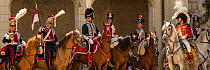 First Empire Military Re-enactment: People dressed in uniform - from left: two Lanciers Polonais, Prince De Salm, two Second Regiment de Hussards, Marechal Murat, and two Second Regiment de Hussards,...