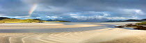 Panorama of Luskentyre estuary at low tide with rainbow, Isle of Harris, Outer Hebrides,Scotland, UK. July.