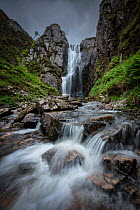 Wailing Widow Falls on an overcast day, Assynt, Scottish Highlands, UK. August.