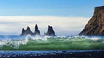 Wave crashing on volcanic beach with basalt sea stacks in the background, Reynisdrangar, Myrdalur, Iceland. March.