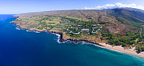 An aerial view of the south coast of Lanai including Hulopo&#39;e Beach Park and a resort, Lanai Island, Hawaii, USA.