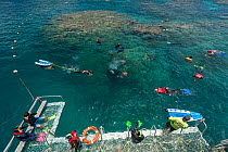Reef Magic Pontoon tourists snorkelling, Moore Reef, Great Barrier Reef, Queensland, Australia. November 2019