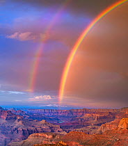 Grandview Point, South Rim, looking east at sunset with receding storm producing double rainbow, Grand Canyon National Park, Arizona, USA. September, 2021.
