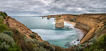 Twelve Apostles viewed from north west aspect from the Twelve Apostle Lookout, Port Campbell National Park, Victoria, Australia. April 2021. Long exposure. Stitched panorama.