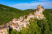 Cathar castle of Saint-Pierre de Fenouillet, aerial view, Occitanie, France. May.