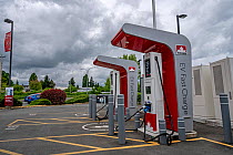 Electric vehicle charging station, Nanaimo, Vancouver Island, British Columbia, Canada. May, 2021.