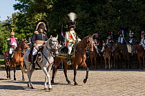 Marechal Murat mounted on Lusitano horse, General Pelet on PRE horse and Major from the 18th Regiment of Dragons de la Ligne on PRE horse, reviewing troops. First Empire reenactment for the bicentenar...