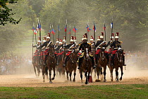 Garde Republicaine performing during First Empire reenactment for the bicentenary anniversary of Napoleon Bonaparte's death, Chateau de Versailles, France.  2021