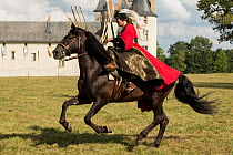 Woman riding side-saddle in medieval costume, mounted on PRE Spanish horse, charging with sword in hand, Chateau du Plessis-Bourre, Loire Valley, France. 2021