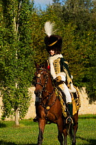 Marechal Murat mounted on Lusitano horse. First Empire reenactment for the bicentenary anniversary of Napoleon Bonaparte's death, Chateau de Versailles, France. 2021