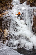 Ice climber climbing  frozen waterfall, Whorneyside Force, below Crinkle Crags, Lake District National Park, Cumbria, UK. February, 2021.