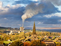 Emissions from cement works billowing out over village, Clitheroe, Lancashire, UK. November, 2021.