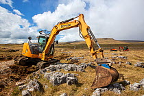 Mechanical digger  used to carry out repair work to the extremely popular Three Peaks footpath, Ingleborough, Yorkshire Dales National Park, Yorkshire, UK. April, 2021.