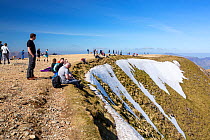 Crowd of visitors on the summit of Helvellyn, Lake District National Park, Cumbria, UK. April, 2021.