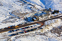 View looking down on Kirkstone Pass Inn from Red Screes, Lake District National Park, Cumbria, UK. January, 2021.