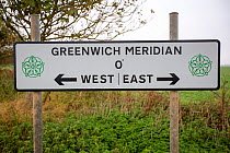 A Greenwich Meridian Line sign near Hull, Yorkshire, UK. October, 2020.