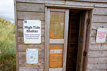 A high tide shelter for people who get cut off by the tide, Spurn Nature Reserve, Humber estuary, Yorkshire, UK. October, 2020.
