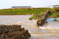 Flooding caused by a tidal storm surge, Walney Island, Cumbria, UK. August, 2020