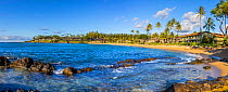 Panorama of Napili Bay in the late afternoon, Maui, Hawaii, Pacific Ocean. October 2021.