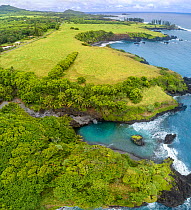 Aerial view of Waioka Pond, also known as Venus Pool, a hidden gem along the rugged coastline, Maui, Hawaii, USA. August, 2020. Digitally stitched image.