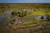 Aerial view of flooded community in park's southern buffer zone, still inundated two weeks after Cyclone Idai. Outskirts of Gorongosa National Park, Mozambique. March 2019.