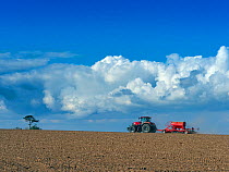 Tractor pulling seed drill sowing seeds in a ploughed field,  Dorset, UK. September.