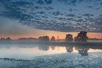 Misty lake at dawn, Klein Schietveld Nature Reserve, Brasschaat, Belgium. July, 2021.