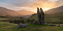 Sunrise behind Praying Hands of Mary (Fionn's Rock), looking east, Glen Lyon, Perthshire, Scotland. September, 2019.