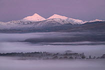 View of Ben More and Stob Binnein from near Fintry, heavy snowfall and an inversion at sunrise, The Trossachs National Park, Scotland. November, 2019.