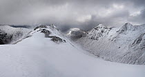 High winds and drifting snow over Buachaille Etive Mor in winter, Glencoe, Highlands, Scotland. February, 2020.