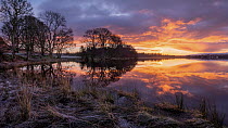 Sunrise over the Lake of Mentieth in winter, The Trossachs National Park, Scotland. February, 2020.