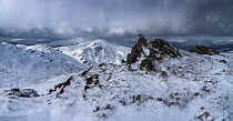 Ben Venue summit after heavy snowfall during the winter, looking north west, The Trossachs National Park, Stirling, Scotland. February, 2020.