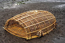A traditional woven bamboo fishing trap on a volcanic black sand beach, Manado, North Sulawesi, Indonesia, Pacific Ocean.