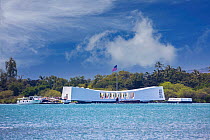 USS Arizona memorial at Pearl Harbor, a graveyard for the men lost aboard the ship when it sank during the Pearl Harbor attack, Oahu, Hawaii, Pacific Ocean.
