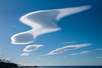Lenticular clouds in a blue sky over South Georgia Island, South Atlantic