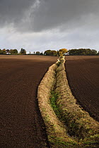 An open field ditch through farmland of recently ploughed fields, Wirral, Cheshire, UK. October, 2020.