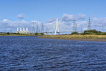 Flintshire Bridge over the River Dee with Flint power station on the left near Connah's Quay, North Wales, UK. October, 2021.