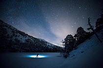 Cross country skiing at night across the frozen Green Loch, Glenmore Forest Park, Cairngorms National Park, Scotland, UK. January, 2021.