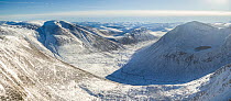 Snow covering Lairig ghru pass, with Ben Macdui and Cairn Toul mountains in the foreground, Cairngorms National Park, Scotland, UK. November, 2016.